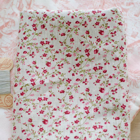 Toile De Lin Imprimé Florine Rouge - 100% Lin France - Vente Au Demi-Mètre (50cm)