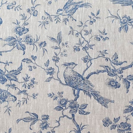 Chickadee in blue print linen on ecru