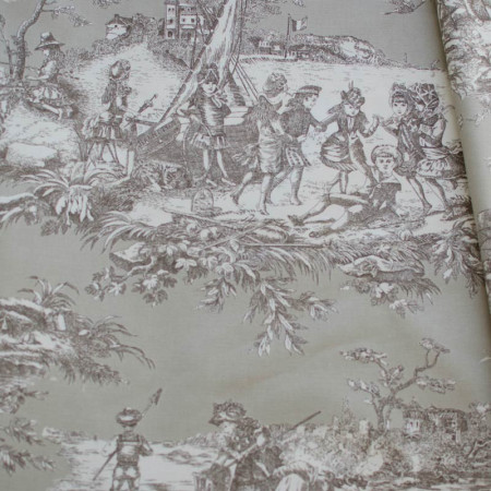 Toile de Jouy coton Histoire d'Eau sépia fond lin