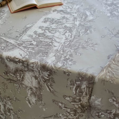 Toile de Jouy coton Histoire d'Eau sépia fond lin